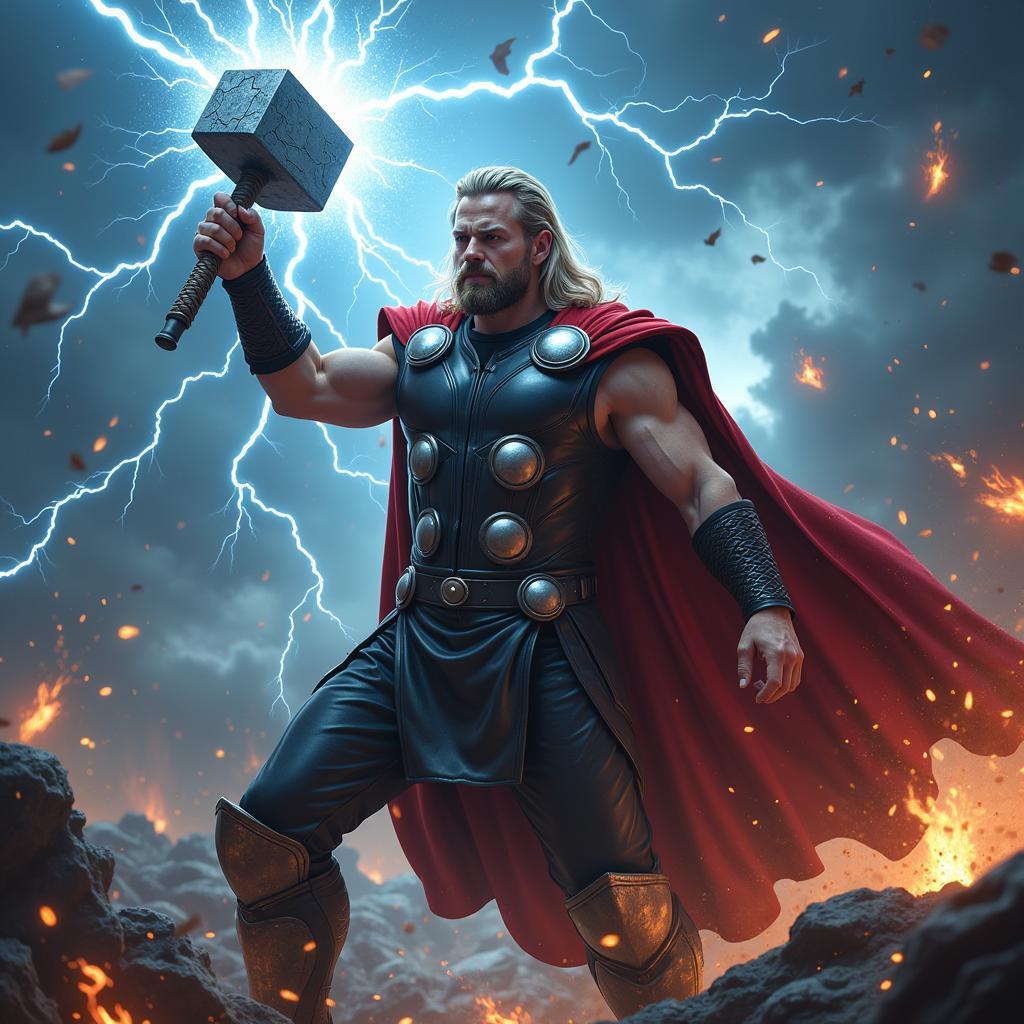 Thor sử dụng búa Mjolnir để chiến đấu chống lại kẻ thù