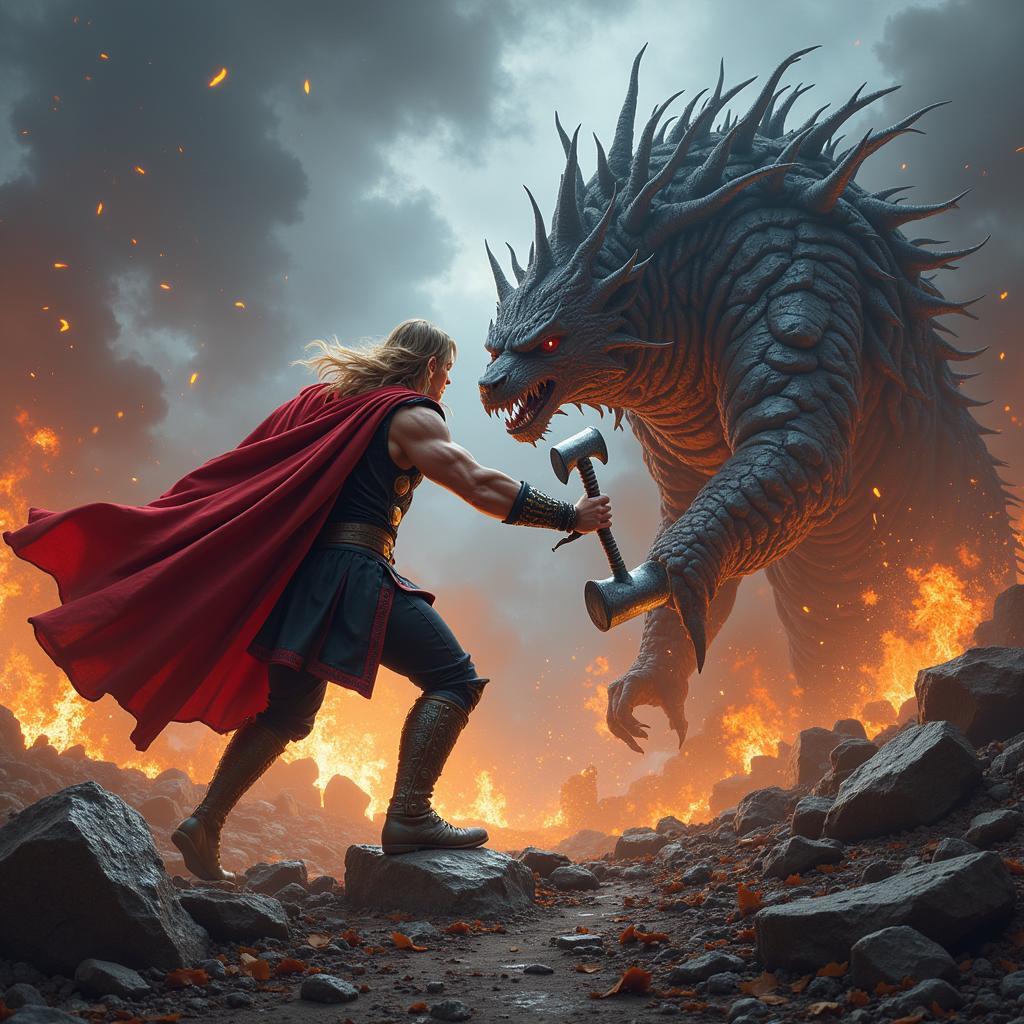 Thor và Jörmungandr trong Ragnarok: Trận Chiến Cuối Cùng