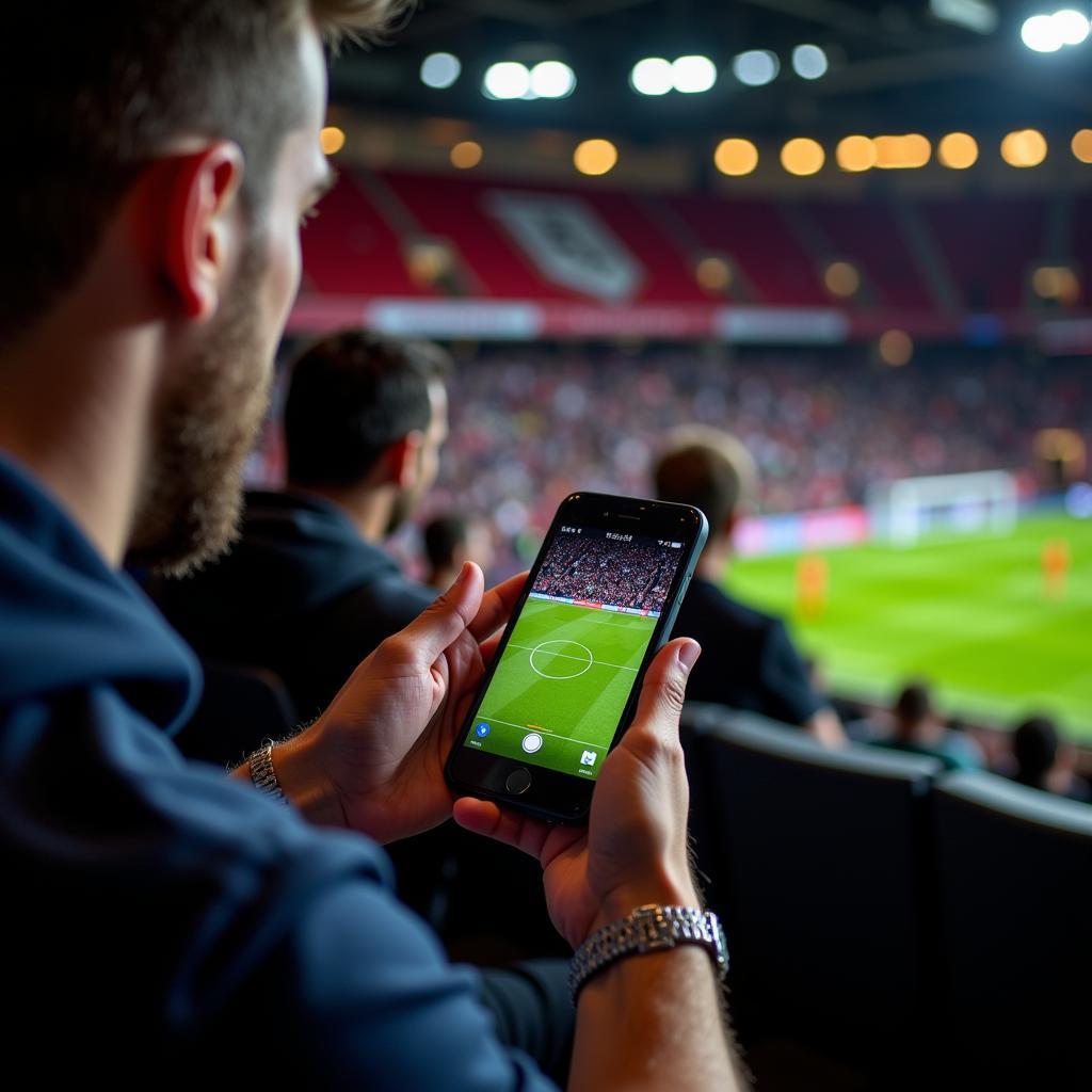 Xem Man Utd vs West Ham trực tuyến: Cổ động viên đang theo dõi trận đấu trên điện thoại.