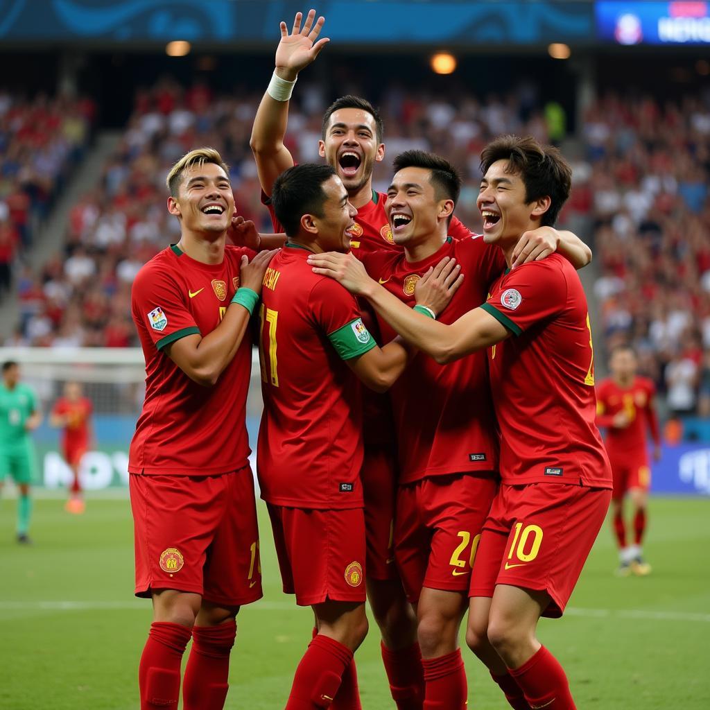 Các cầu thủ Việt Nam ăn mừng chiến thắng trước Jordan tại Asian Cup 2019