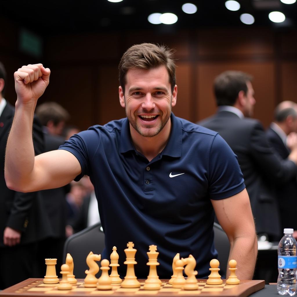 Magnus Carlsen celebrates his victory in the rapid tiebreaks.