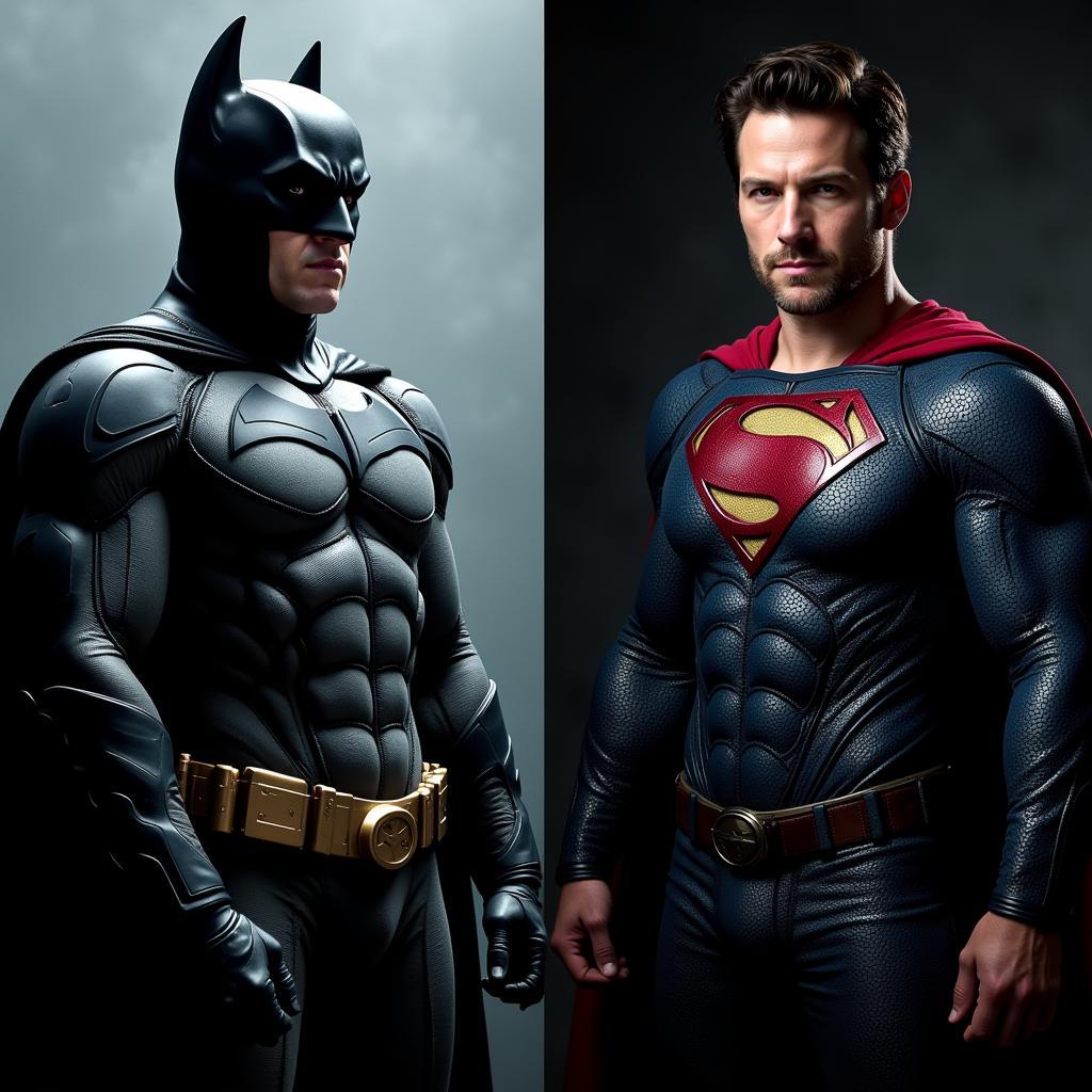 Hình ảnh so sánh Christian Bale và Ben Affleck trong vai Batman, làm nổi bật sự khác biệt trong phong cách và tạo hình.