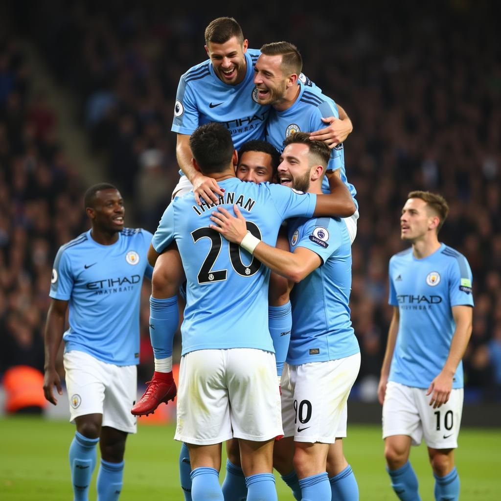 Cầu thủ Manchester City ăn mừng bàn thắng trong trận derby 2017