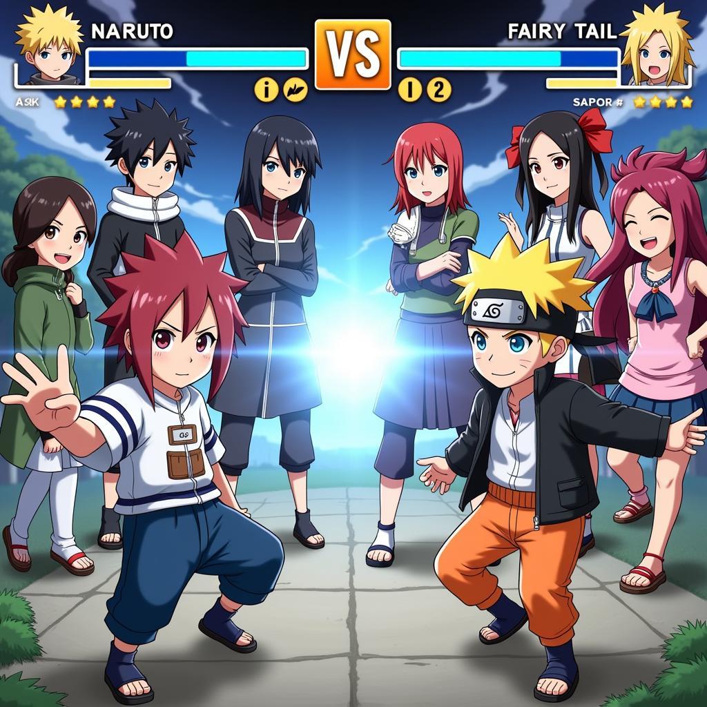 Game Naruto vs Fairy Tail Fanmade: Hình ảnh minh họa một tựa game fanmade Naruto vs Fairy Tail, với giao diện chiến đấu và các nhân vật được thiết kế chi tiết.  Hình ảnh thể hiện rõ ràng các kỹ năng đặc trưng của từng nhân vật.