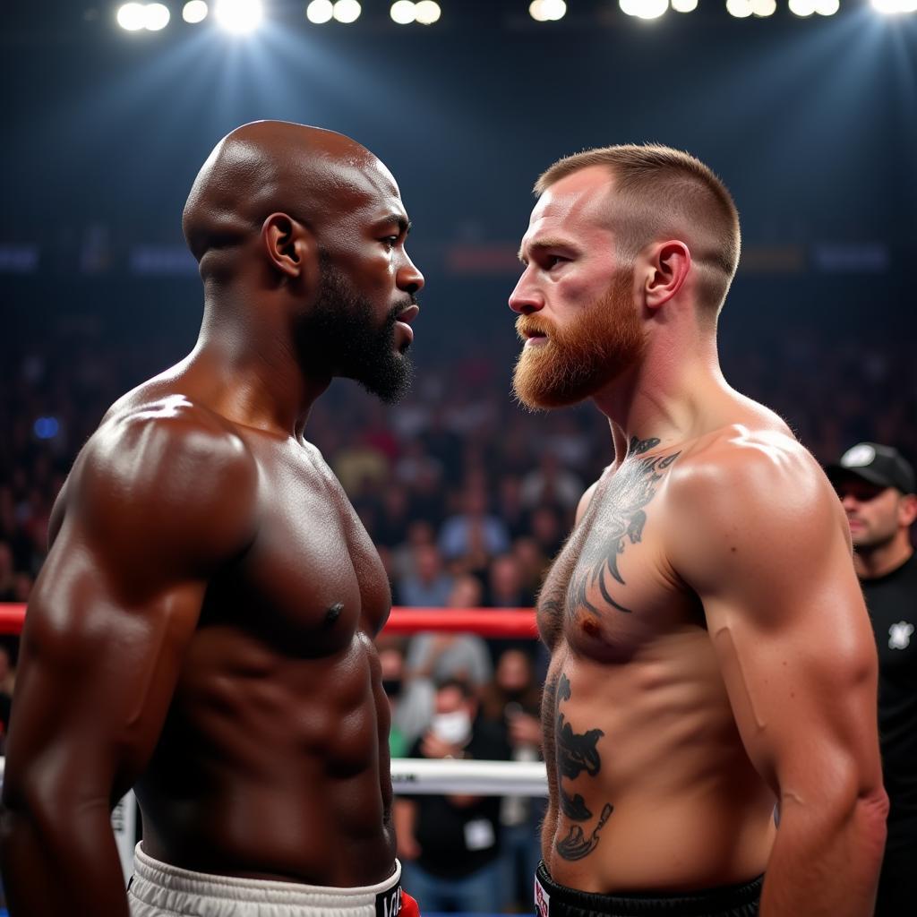 Mayweather và McGregor đối đầu căng thẳng trên sàn đấu.