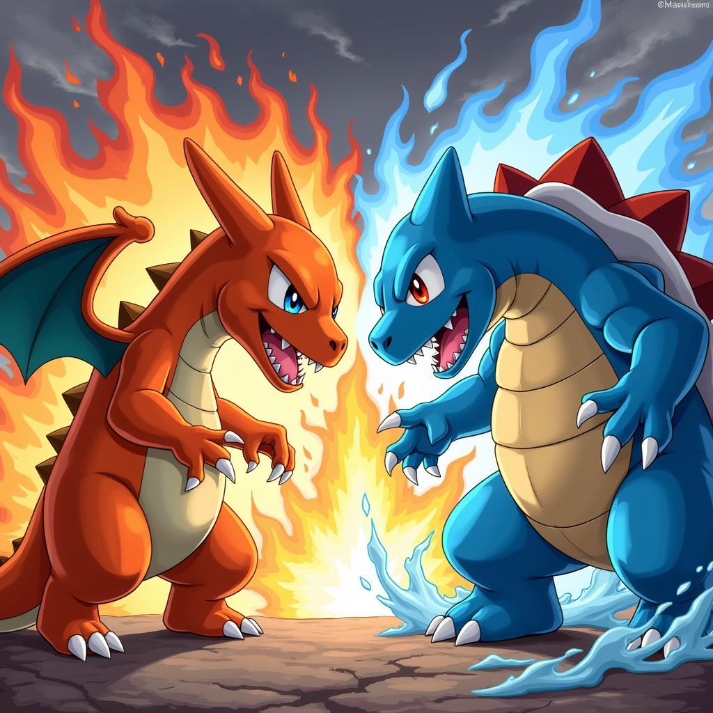 Mega Charizard và Mega Blastoise đang đối đầu nhau.