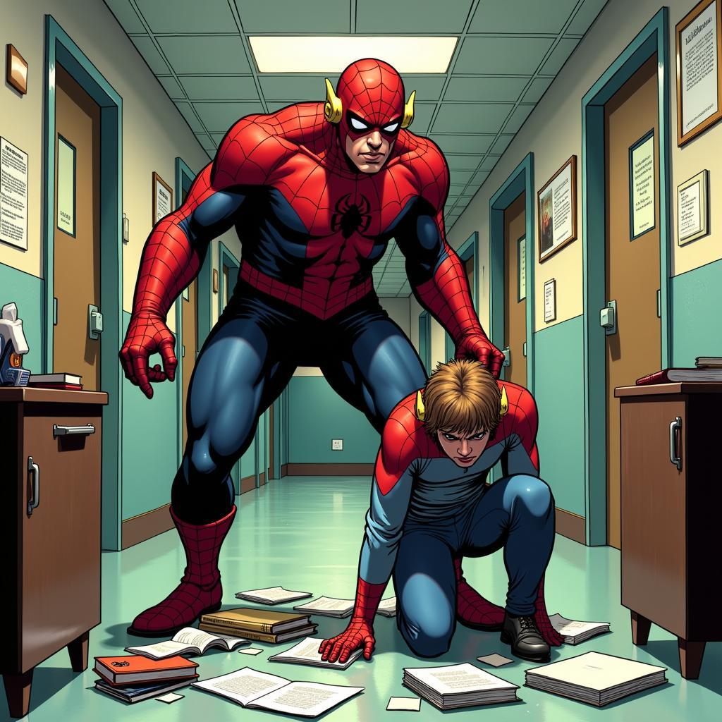 Peter Parker bị Flash Thompson bắt nạt ở trường Midtown High