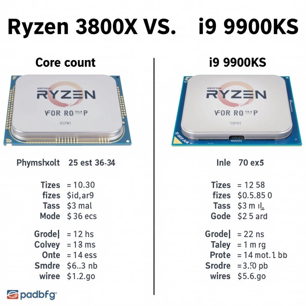 Hình ảnh so sánh Ryzen 3800X và i9 9900KS với các thông số kỹ thuật quan trọng