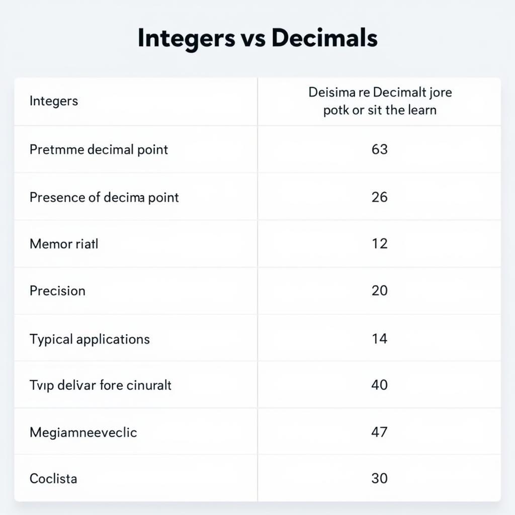 Bảng so sánh integer và decimal