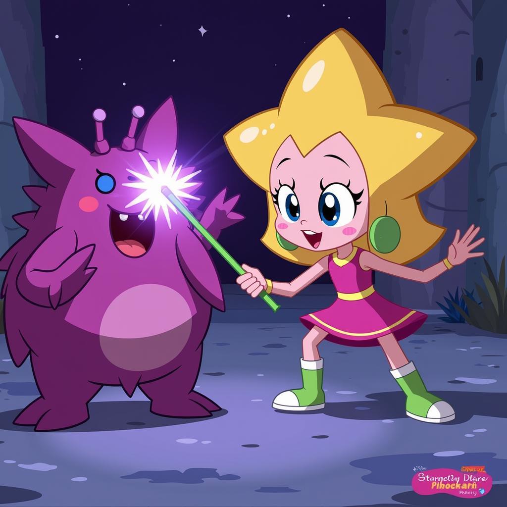 Action scene from Star vs the Forces of Evil with Star Butterfly fighting a monster.