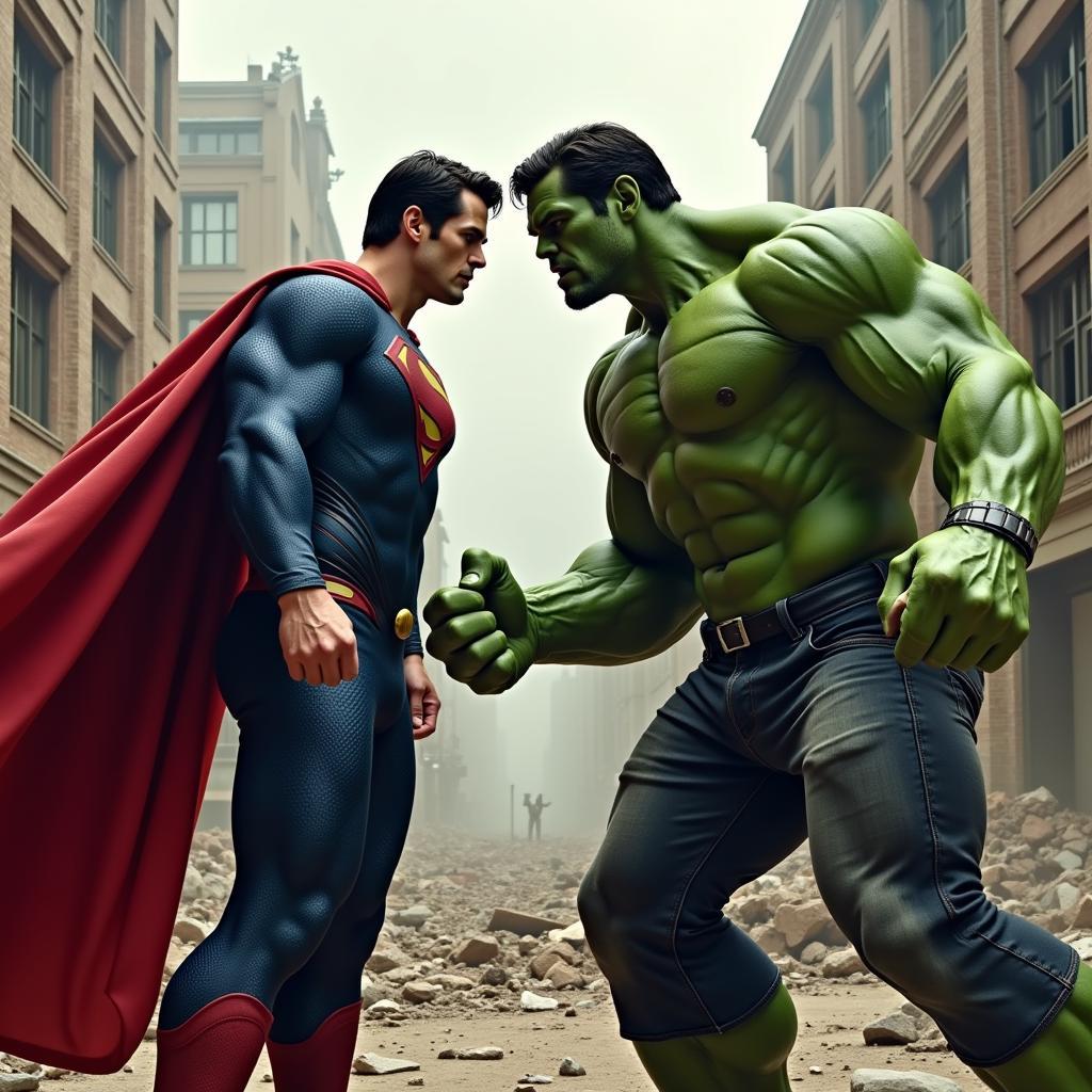 Superman đối đầu với Hulk, sức mạnh vô hạn được thể hiện qua nắm đấm khổng lồ và cơ bắp cuồn cuộn.