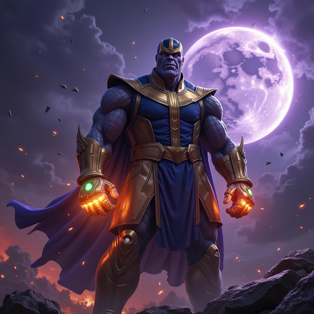 Thanos đeo Găng tay Vô cực, với sáu Viên đá Vô cực phát sáng rực rỡ.