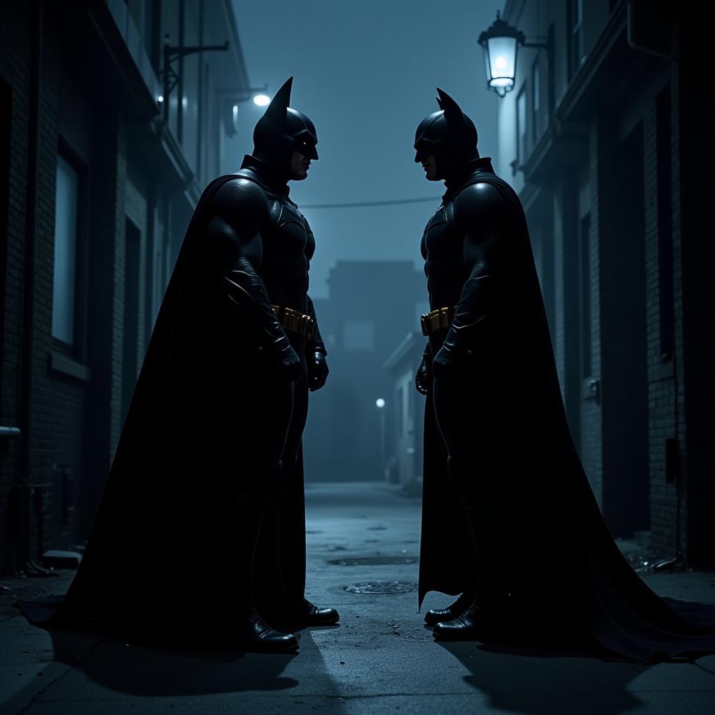 Batman and Shredder facing off in a tense standoff