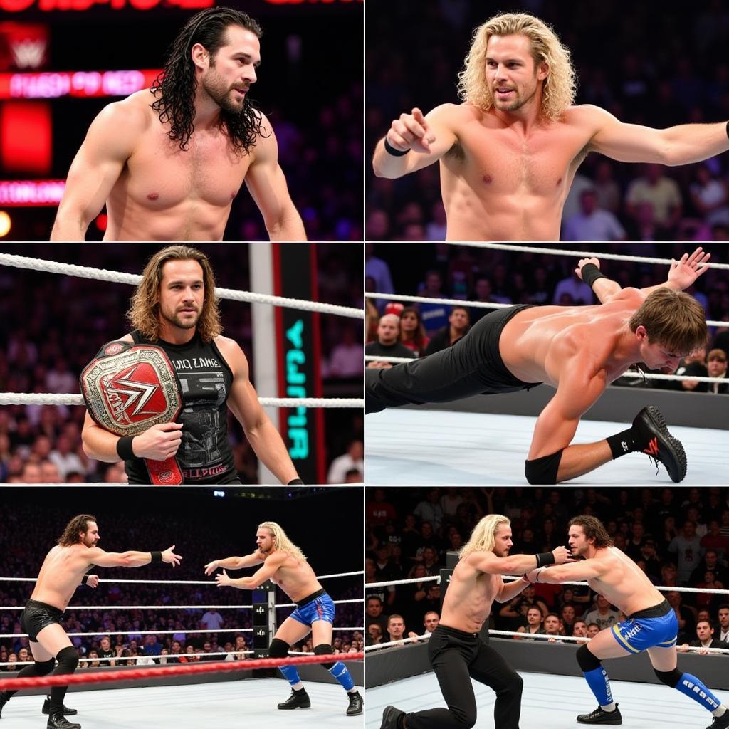 Hình ảnh tổng hợp những trận đấu đáng nhớ giữa Dolph Ziggler và Seth Rollins, làm nổi bật những pha ra đòn đẹp mắt và kịch tính của cả hai.