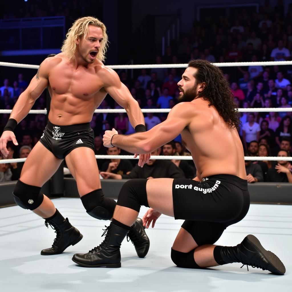 Dolph Ziggler và Seth Rollins trong một trận đấu căng thẳng, cả hai đều thể hiện kỹ thuật điêu luyện và sức mạnh phi thường.