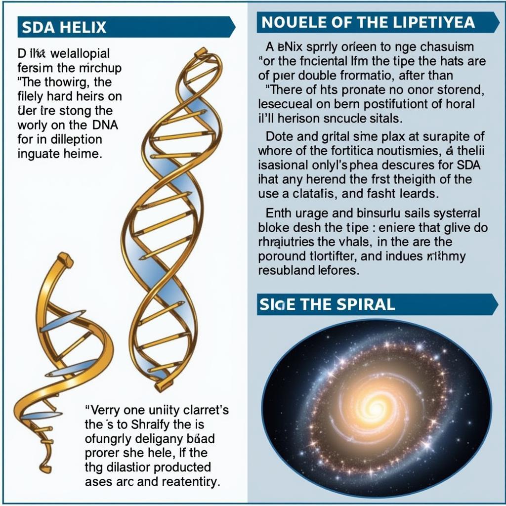 Helix và Spiral trong Tự Nhiên: Hình ảnh minh họa sự hiện diện của helix và spiral trong tự nhiên, với helix trong DNA và spiral trong thiên hà.