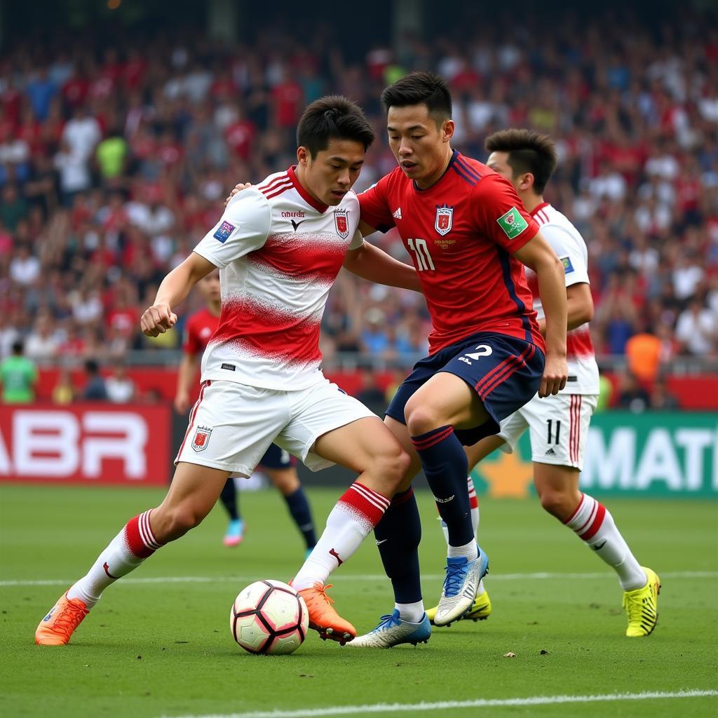 Japan and North Korea football players competing fiercely during a match