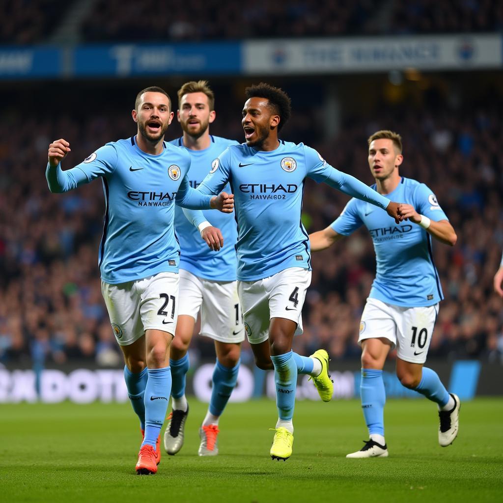 Cầu thủ Man City ăn mừng bàn thắng trên sân nhà Etihad