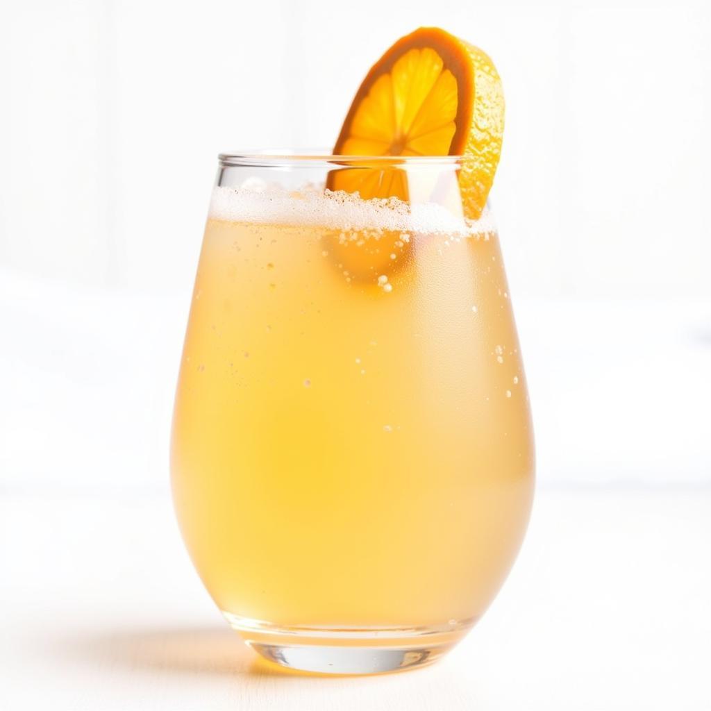 Ly cocktail Mimosa với màu cam tươi sáng, sủi bọt lấp lánh, trang trí bằng một lát cam mỏng.