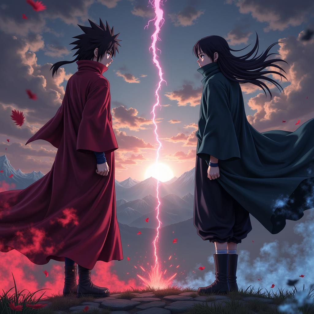 Madara Uchiha và Aizen Sosuke đứng đối đầu nhau, sẵn sàng chiến đấu.