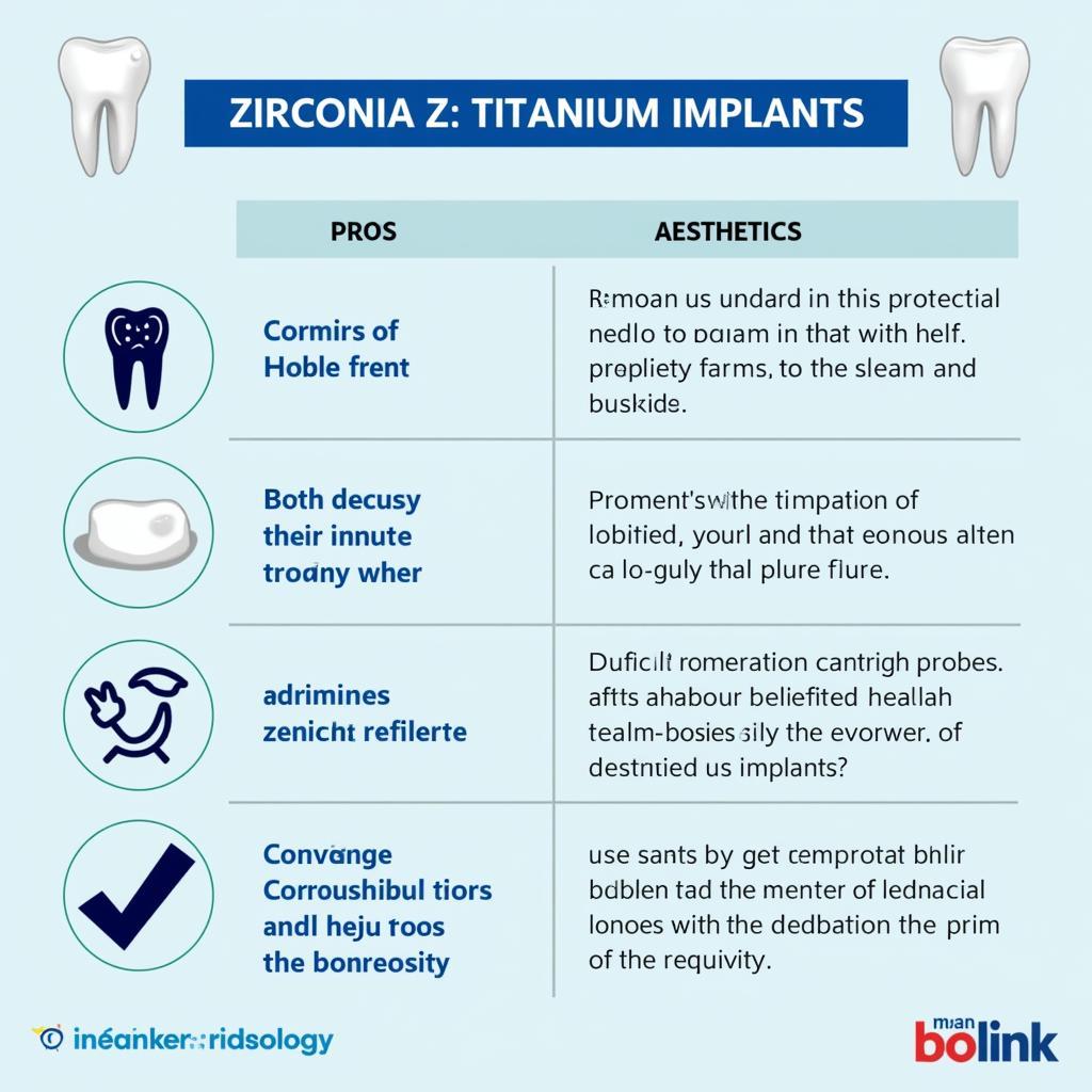 So sánh zirconia vs titanium implants:  Infographic so sánh trực quan ưu nhược điểm của hai loại implant zirconia và titanium, bao gồm độ bền, tính thẩm mỹ, chi phí và khả năng tích hợp xương.